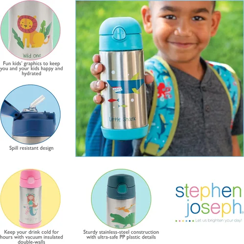 Vista 4 de Stephen Joseph Botellas de acero inoxidable de doble pared, botella de agua aislada para niños pequeños, botella aislada al vacío con popote, Abeja