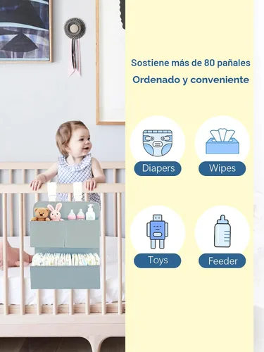 Vista 2 de Organizador de pañales colgante para moisés, cuna, corral de juegos y corrales, capacidad para más de 80 pañales, accesorios de fijación para Gris