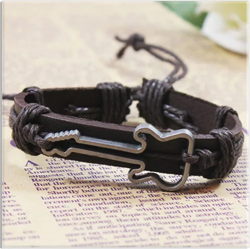 Vista 4 de Xusamss Punk aleación guitarra patrón cuero cordón cuerda pulsera