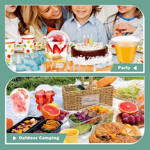 Vista 7 de 50 vasos de plástico transparente de 9 onzas con tapas de cúpula, tazas de postre, tazas de frutas con tapas, tazas transparentes de fiesta