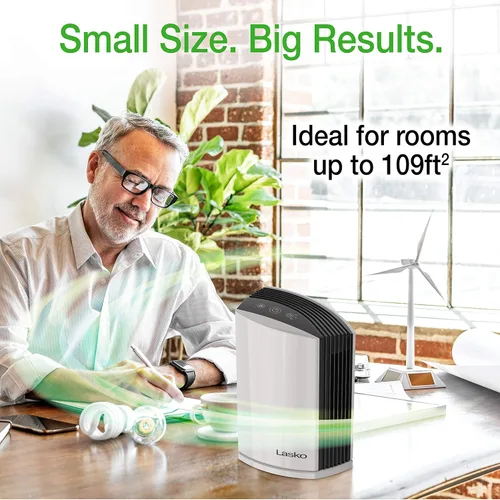 Vista 4 de Lasko LP200 - Purificador de aire de escritorio HEPA con temporizador para un entorno doméstico más limpio y fresco, filtración de 2 etapas que