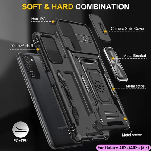 Vista 3 de Funda resistente para Samsung Galaxy A03s/A02S, protección híbrida de goma de doble capa de grado militar con protector de cámara deslizante