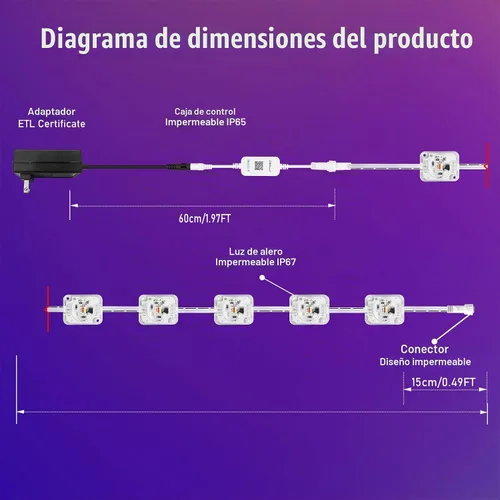 Vista 8 de Luces inteligentes permanentes para exteriores de 148 pies, control de aplicación WiFi, 54 LED IP67, impermeable, iluminación de alero que cambia