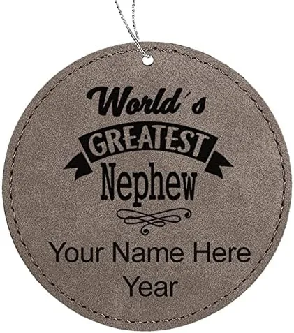 Vista 7 de LaserGram Personalized Christmas Ornament, World's Greatest Nephew, Faux Leather, Custom Laser Engraved Gift Idea (Round Shape, Black with Gold)