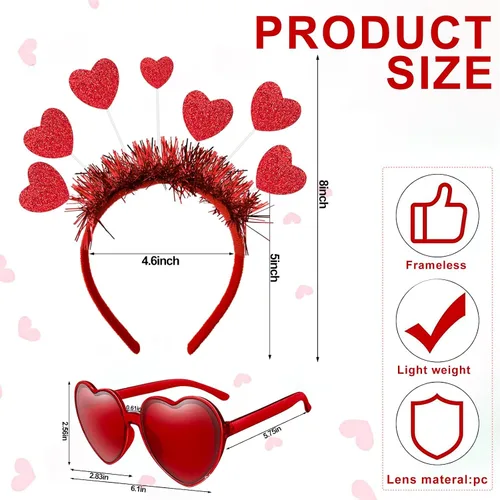 Vista 2 de Pick Valley Diadema de corazón y lentes de sol con corazón rojo con antena de corazón rojo para boda del día de San Valentín