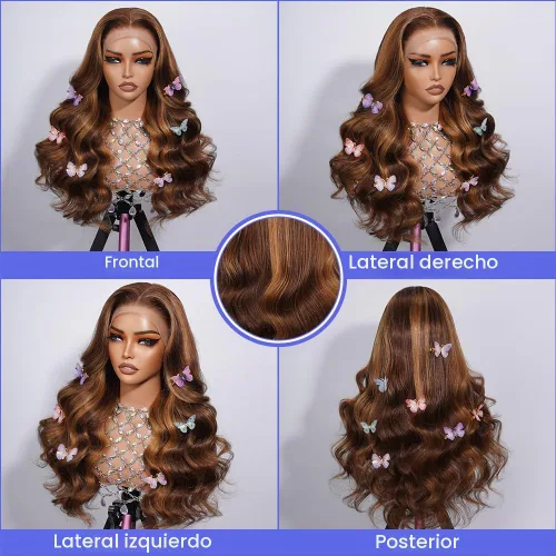 Vista 5 de Pelucas de encaje frontal de 13x4 Highlight Ombre de cabello humano ondulado 4/27 color rubio miel 9A sin pegamento HD encaje frontal transparente