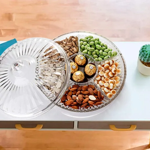 Vista 4 de Bandeja creativa de acrílico multifuncional para aperitivos con tapa, platos para servir frutas secas, nueces, dulces, frutas, 6 compartimentos