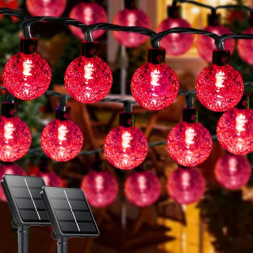Vista 11 de LORRYTE Tira de luces solares para exteriores, 50 luces LED de 32 pies, impermeables, con energía solar, luces de globo de cristal para exteriores