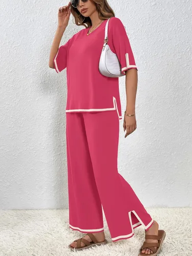 Vista 3 de SuperPrity Conjunto de suéter para mujer de 2 o 3 piezas, de manga cortalarga, suéter de punto, de cintura alta, pantalones de pierna ancha