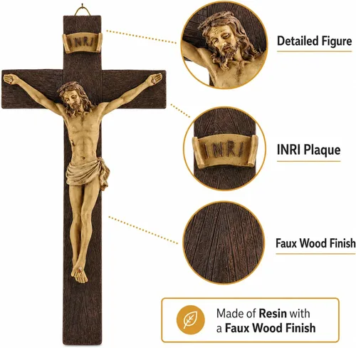 Vista 7 de Artisan Flair Cruz de pared de crucifijo de resina con cruz de Jesús, decoración de pared católica colgante (9.05 pulgadas)