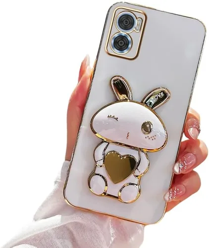Vista 8 de Funda de silicona compatible con Motorola E22 con lindo soporte de conejo de dibujos animados para Motorola E22 Slim TPU galvanizado antihuellas 1