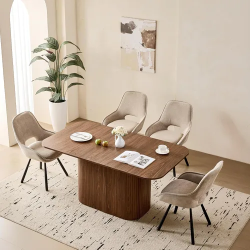 Vista 9 de Juego de 4 mesas de comedor grandes de 63 pulgadas para 4, esquinas redondeadas, mesa de cocina rectangular moderna de madera con sillas Boucle