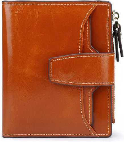 Vista 11 de Cartera de cuero con bloqueo RFID para mujer, pequeña, compacta, doble cremallera, con ventana para identificación