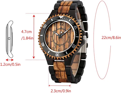 Vista 7 de Reloj de cuarzo de madera con cebra de ébano marrón y negro para hombre, cierre plegable, correa de madera, números arábigos, visualización