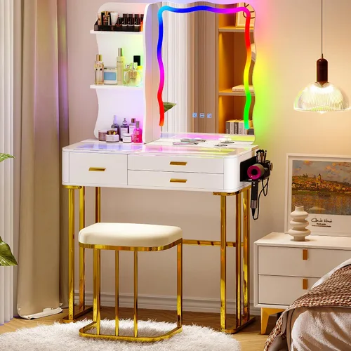 Vista 11 de Lvifur Tocador de Estilo Granja con Espejo Deslizante y Luces, Mesa de Tocador con Superficie de Cristal y Almacenamiento de Joyas, Juego de Tocador