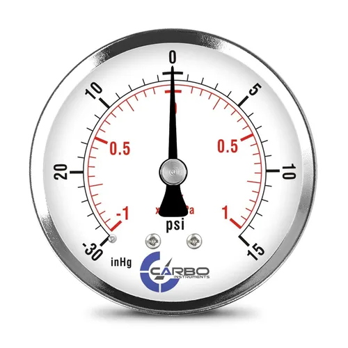 Vista 19 de Medidor de presión de 2-1/2 pulgadas, carcasa de acero cromado, seco, vacío -30 Hg/0, montaje trasero 1/4 pulg. NPT