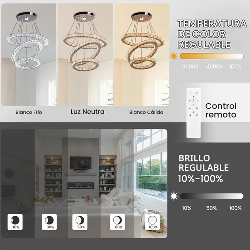 Vista 5 de CLAIRDAI Candelabros de Cristal Modernos Ajustables de Cristal de 3 Anillos Lámpara de Techo LED Candelabros LED para Comedor Dormitorio Sala