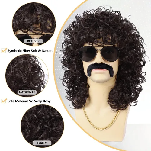 Vista 5 de Peluca negra de los años 70 y 80 para hombre, gafas, cadena dorada, bigote, gorra de peluca, pelucas divertidas sintéticas largas y rizadas