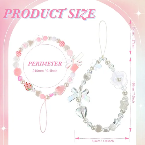Vista 7 de LEIFIDE - 2 correas de muñeca para teléfono con cuentas, lindo cordón estético rosa, corazón Beaded Charms with Anti-theft Design, Keychain for