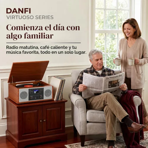 Vista 5 de Tocadiscos Bluetooth retro 10 en 1 con altavoces estéreo, tocadiscos de vinilo de 3 velocidades, reproductor de CD, reproducción y grabación USB/SD