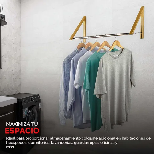 Vista 6 de Doble Perchero Plegable para Ropa con Barra Extensible, Perchero de Ropa Retráctil Montado en Pared para Secador de Ropa, Percha de Secado Colgante