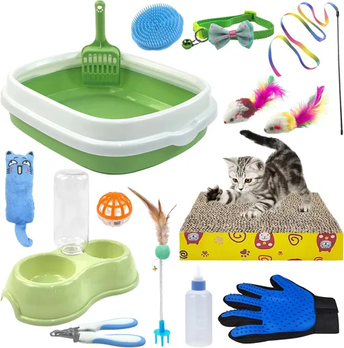 Vista 10 de Kit de iniciación para gatitos Hlimior - Juego de 15 piezas con todo lo esencial para gatos, incluye caja de arena, juguetes, collares, almohadilla