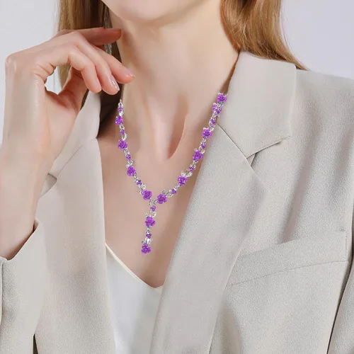 Vista 3 de Aishgjia Collar largo de oro para mujeres y niñas, colgante de rosa de oro, joyería de flores, juego de aretes colgantes para fiesta de cumpleaños