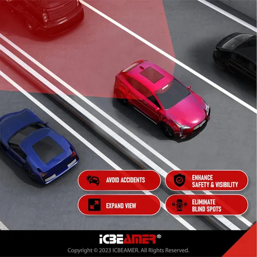 Vista 5 de Espejo retrovisor ICBEAMER de 9.4 pulgadas con clip Tinte azul convexo, vidrio panorámico de gran angular HD, antirreflejo, ajuste universal