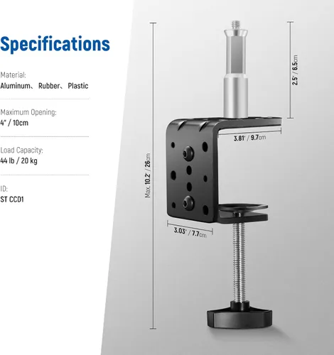 Vista 3 de NEEWER Abrazadera C resistente con columna de montaje para soporte de luz, abrazadera de escritorio de metal ajustable con tornillos de 1/4" 3/8