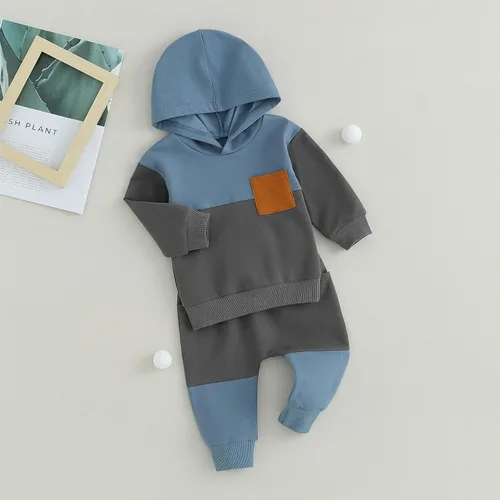 Vista 3 de Sudadera de gran tamaño con capucha de manga larga a rayas para bebé niño con pantalones con cordón, 2 piezas ropa infantil