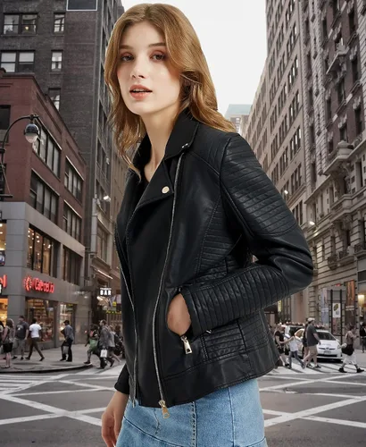 Vista 5 de Chaqueta de piel sintética para mujer, con cremallera, ajustada, para motociclista, para otoño e invierno