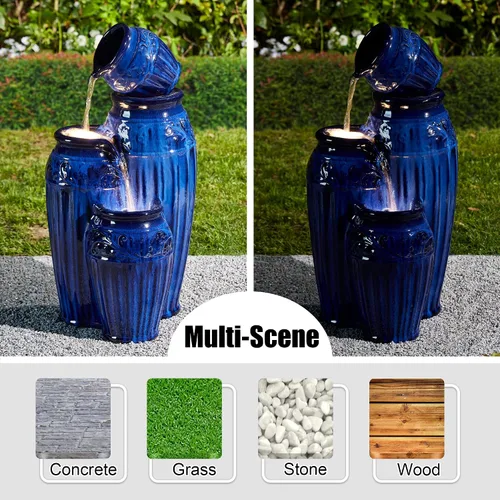 Vista 4 de Glitzhome - Fuente de jardín de 27.25" de alto con luces LED y bomba, fuente de agua para exteriores de 4 niveles con patrón en relieve azul Azul