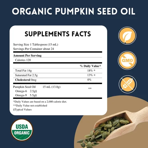 Vista 7 de Health Logics Aceite de semilla de calabaza de 12 onzas orgánico prensado en frío Vegetariano, sin OMG, sin gluten Seguro para cocinar Apoya