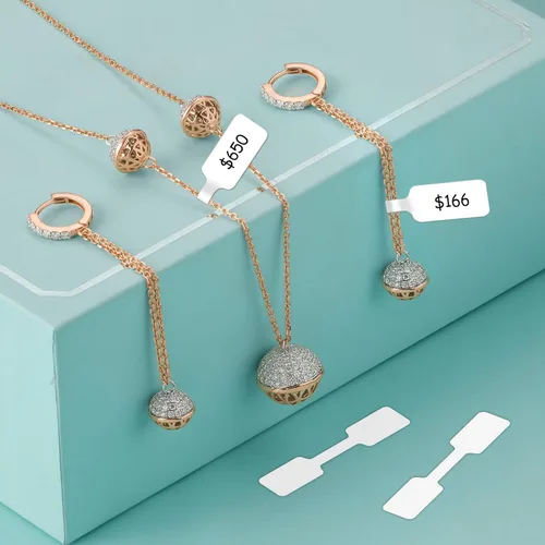 Vista 6 de 500 etiquetas de precio de joyería, rollo para etiquetas de exhibición de anillos de collares, etiquetas rectangulares autoadhesivas de Etiquetas
