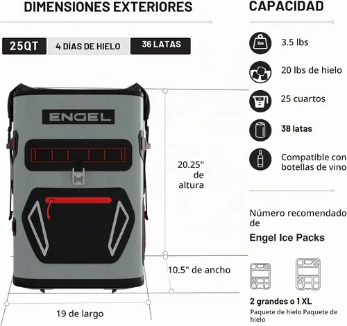 Vista 2 de Engel BP25 Hielera de alto rendimiento con tapa enrollable de 25 cuartos de galón para mochila