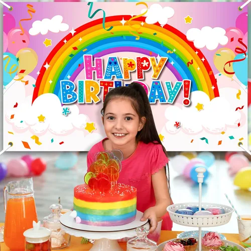 Vista 7 de Remerry Telón de fondo de cumpleaños arcoíris para niñas, colorido decoración de fiesta de feliz cumpleaños, pancarta para niñas, niños y adultos
