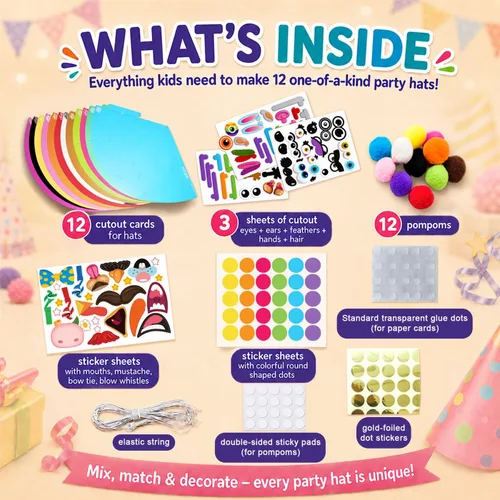 Vista 5 de Sombreros de fiesta de Glittery Garden para niños, arte y manualidades. Divertido kit de actividades de cumpleaños con pegatinas. Adorno de fiesta