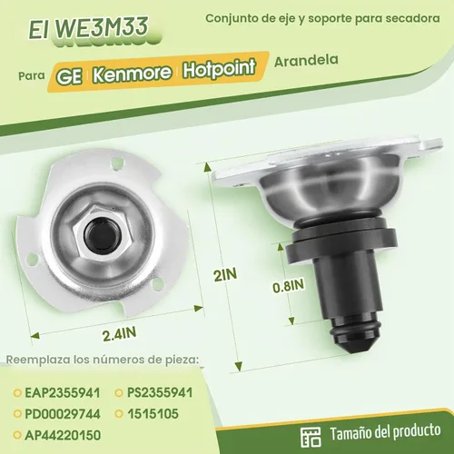 Vista 2 de WE3M33 Conjunto de eje y soporte de secadora compatible con secadores GE Kenmore Hotpoint, pieza de repuesto AP2049403 EA2355941 PS2355941 1515105