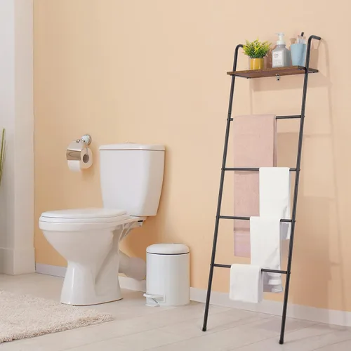 Vista 7 de Escalera para Mantas de 5 Niveles Apoyada en la Pared con Estante Escalera Decorativa para Mantas Estante de Metal Escalera Inclinada para Toallas
