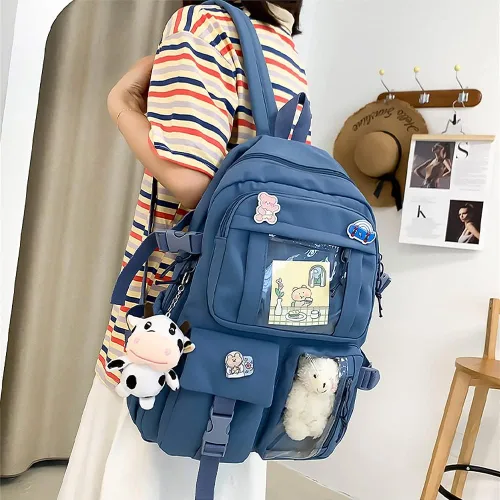 Vista 3 de Mochila Kawaii preciosa mochila pastel para niñas adolescentes, bonita mochila estética para la escuela con pin kawaii y accesorios, Azul 02, 43 *
