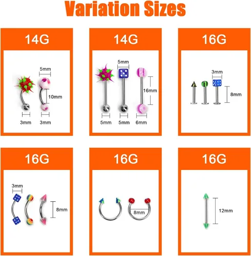 Vista 4 de CrazyPiercing Lote de 110 piercings de joyería para el cuerpo cejas ombligo lengua labio anillo Acero inoxidable