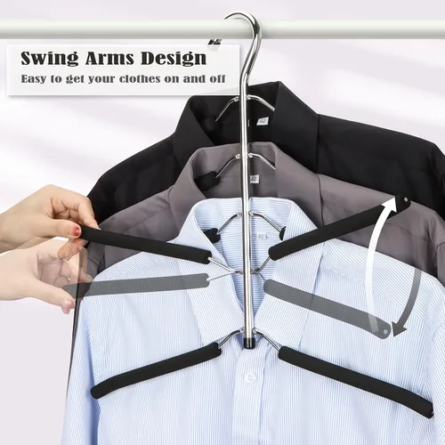 Vista 4 de Perchas de ropa que ahorran espacio, 2 paquetes de brazo oscilante antideslizante acolchado percha de 5 capas de acero inoxidable resistente suéter