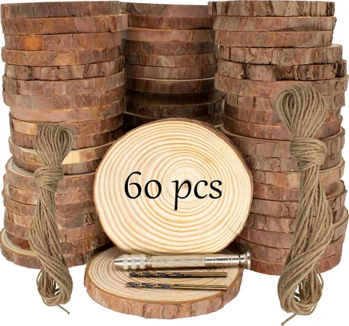 Vista 9 de Rebanadas de madera natural sin terminar, 40 unidades de círculos de madera de 3.2 a 4 pulgadas para manualidades, adornos de Navidad, kit de madera