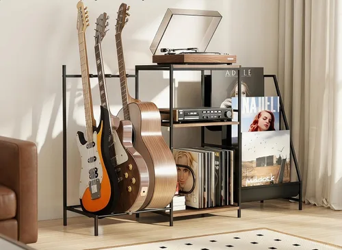 Vista 10 de Soporte de guitarra para múltiples guitarras acústicas con estante de almacenamiento de 3 niveles, estante de exhibición de guitarras, accesorios