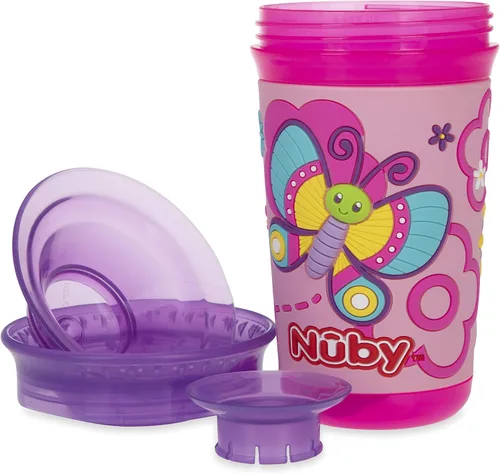 Vista 5 de Nuby 360 Degree Easy Sip 3D Grip Wonder Cup con funda de silicona impresa, morado, mariposa, 10 onzas