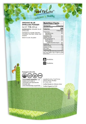 Vista 2 de Food to Live Polvo de espirulina azul orgánico, 1 libra, sin OMG, extracto de algas azul verdoso puro crudo, vegano, no irradiado, ideal para jugos