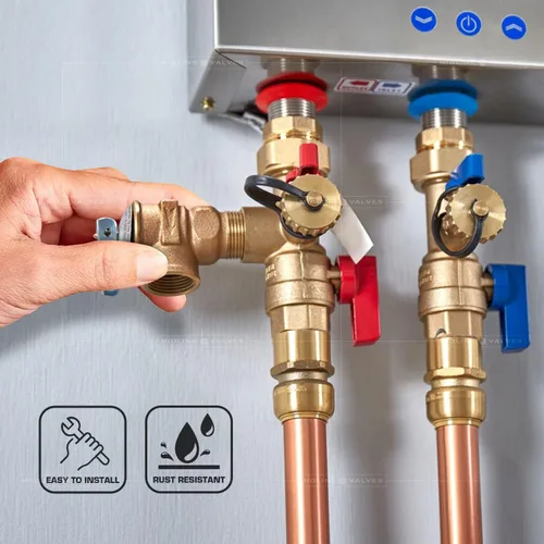 Vista 5 de Midline Valve GUHW-QSW256-5 Válvula de alivio de presión para calentador de agua sin tanque, latón forjado, 3/4 pulgadas FIP x MIP (paquete de 5)