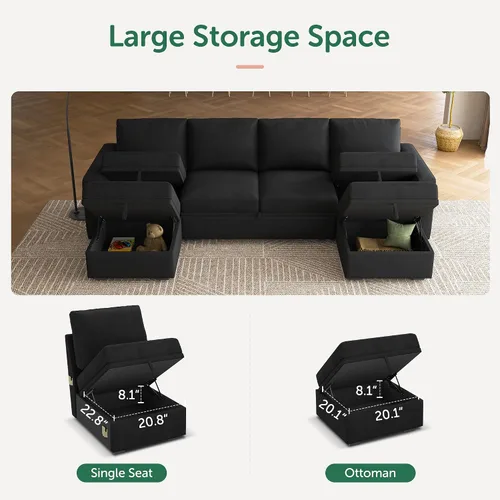 Vista 4 de HONBAY Sofá cama modular seccional, sofá modular de terciopelo con cama extraíble, sofá modular en forma de U con otomana de almacenamiento