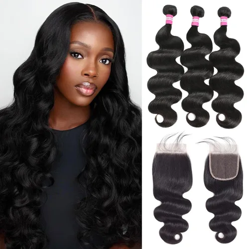 Vista 23 de DMKEEP Extensiones de cabello humano ondulado con cierre, 12, 14, 16+10 pulgadas, 100% cabello virgen brasileño sin procesar, 3 paquetes con cierre