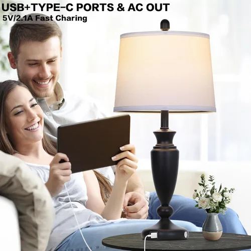 Vista 3 de Rinweey Lámpara de mesa negra de 27 pulgadas, lámpara de sala de estar con control táctil de 3 vías con puertos USB A+C, moderna lámpara de noche